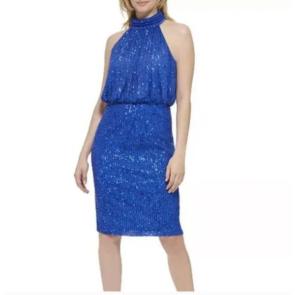 Eliza J Blue Halter Neck Sequin Sleeveless Mini Cocktail Dress Size 6 - Picture 1 of 10